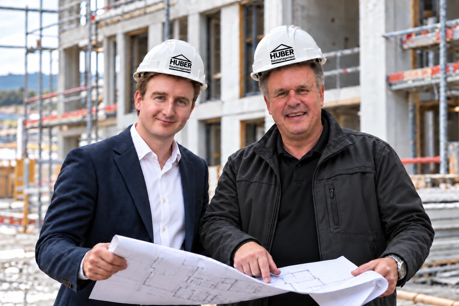 Rick Huber und sein Vater Beat Huber auf einer Baustelle, gemeinsam über einem Bauplan